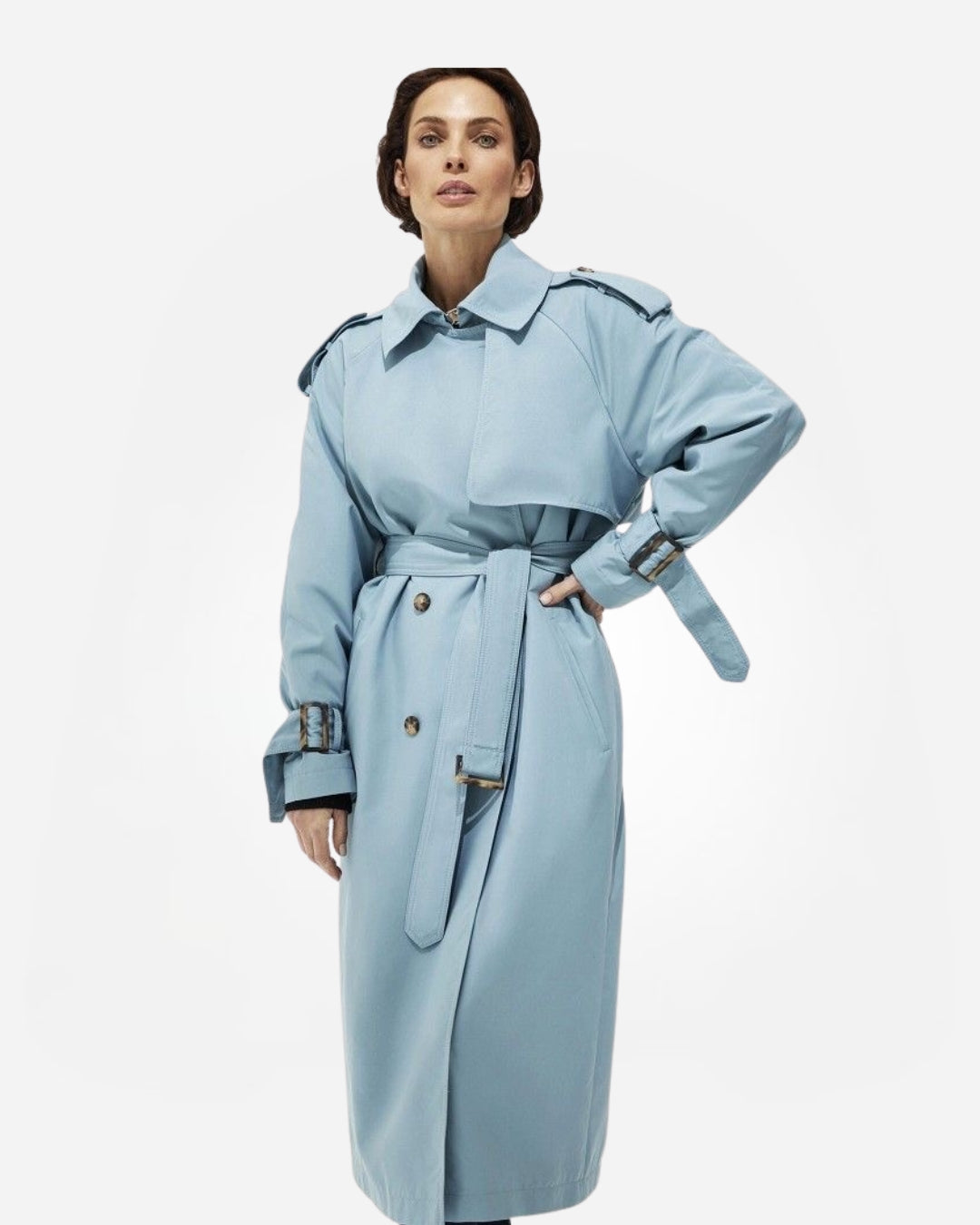 the trench coat in baby blue colors : baby blue - olive green - black