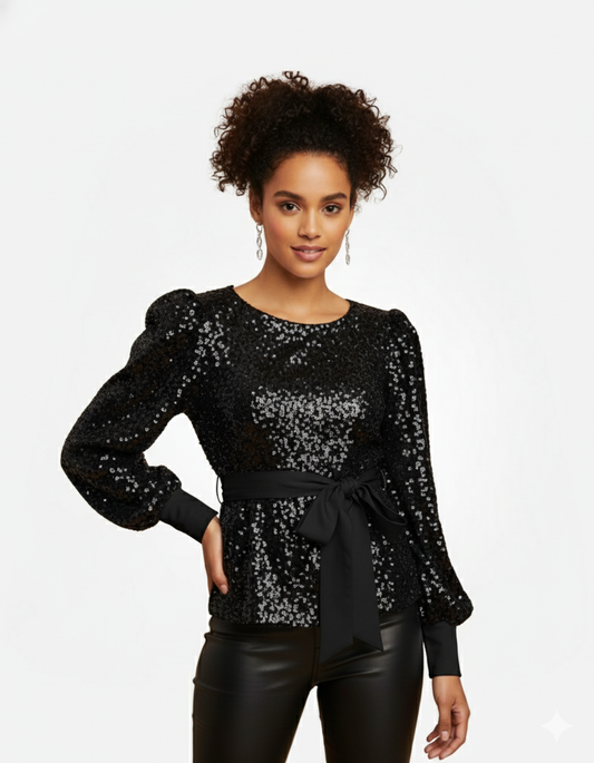 Sequin evening blouse with belt
