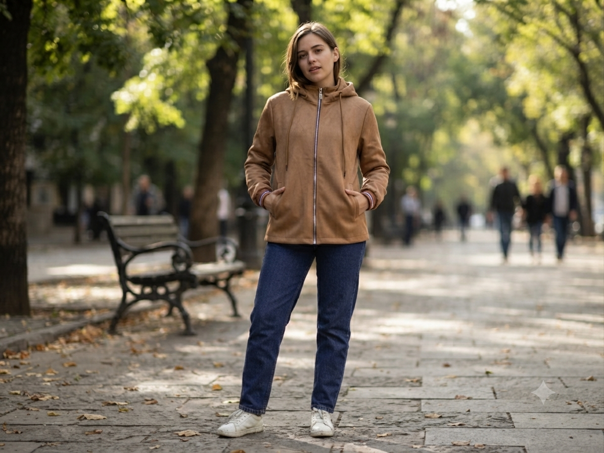 A cozy, suede-feel hooded jacket