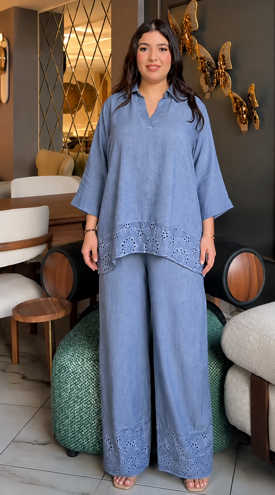 blue & Off White Embroidered Linen Set