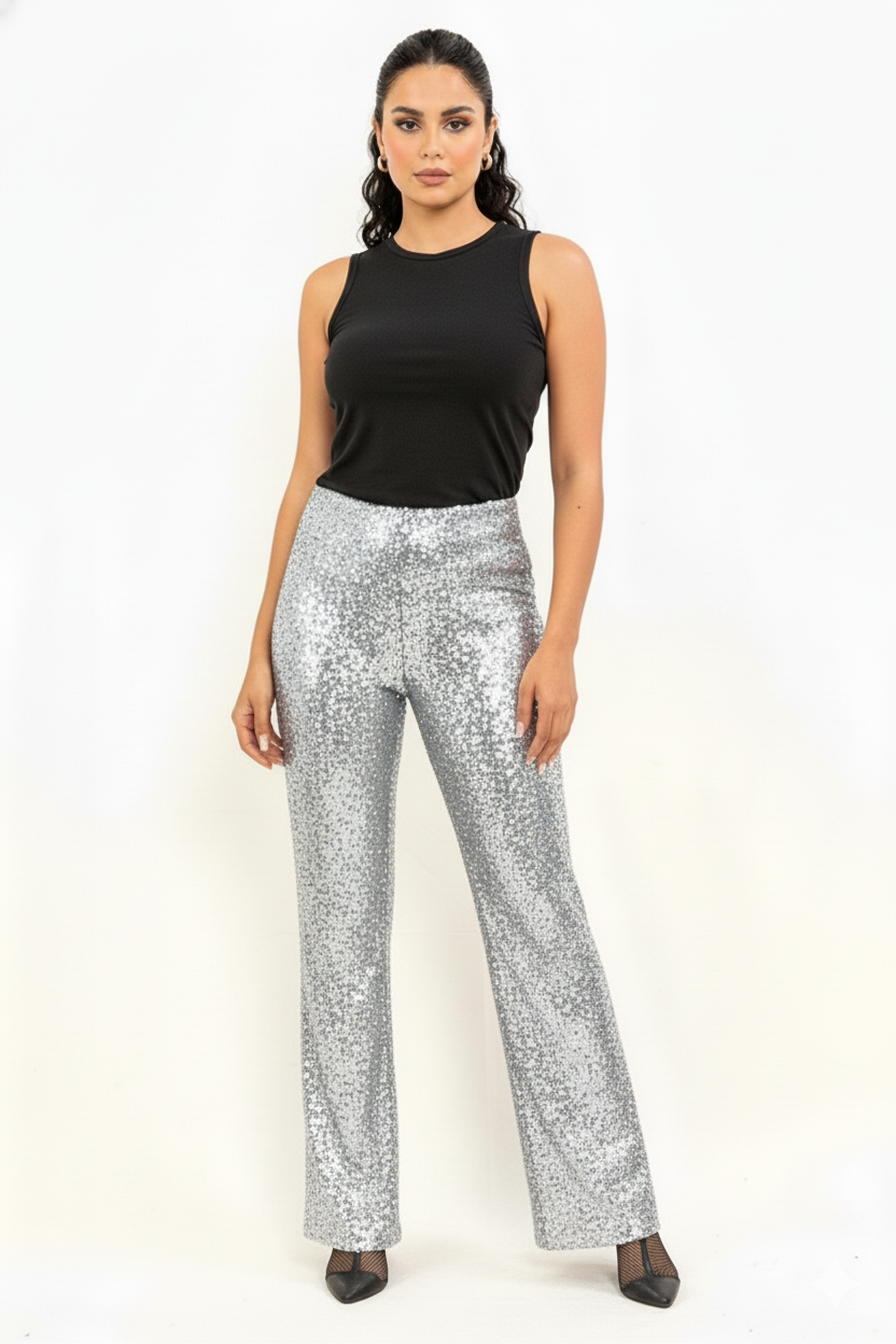 High-waisted sequin evening pants