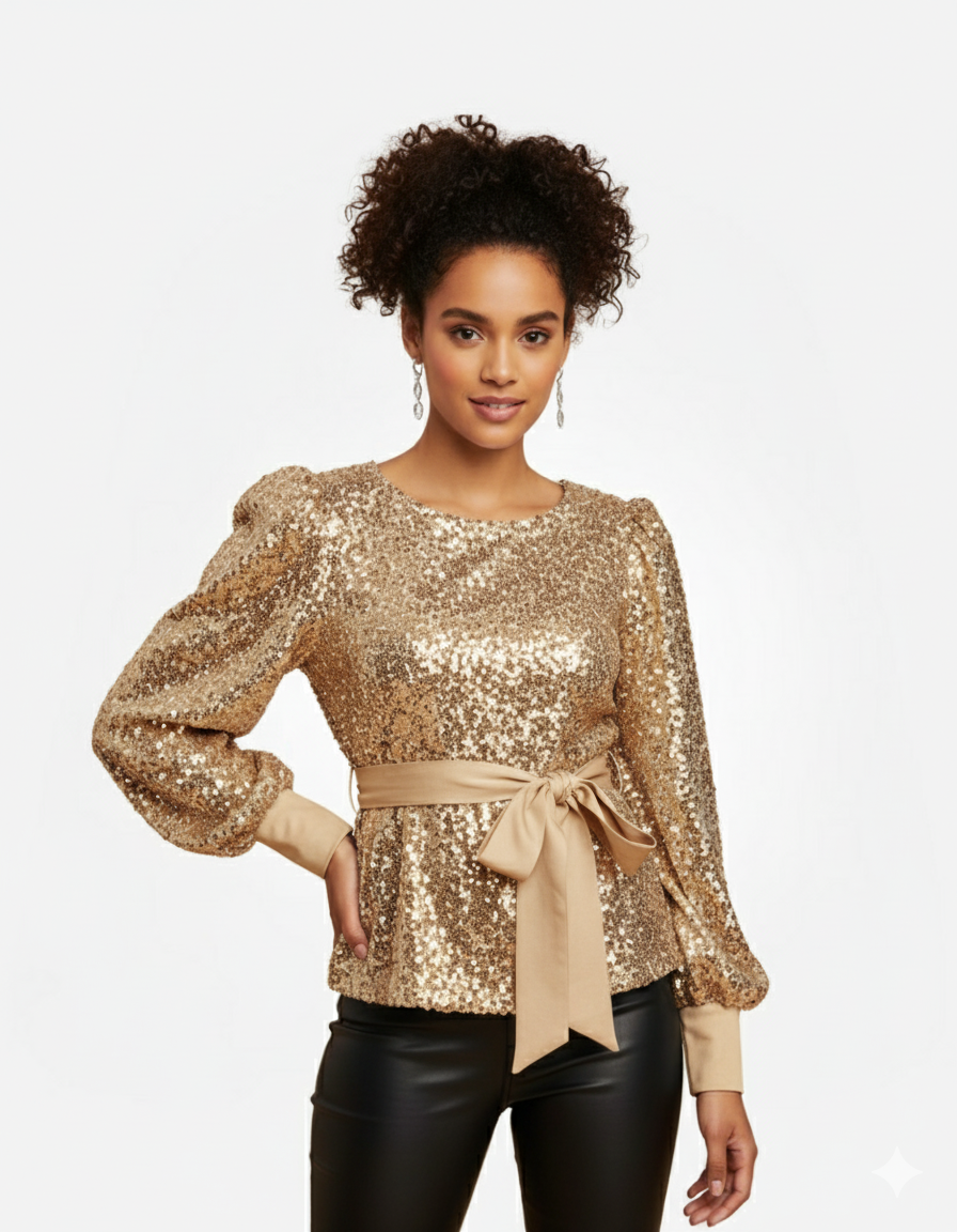 Sequin evening blouse with belt