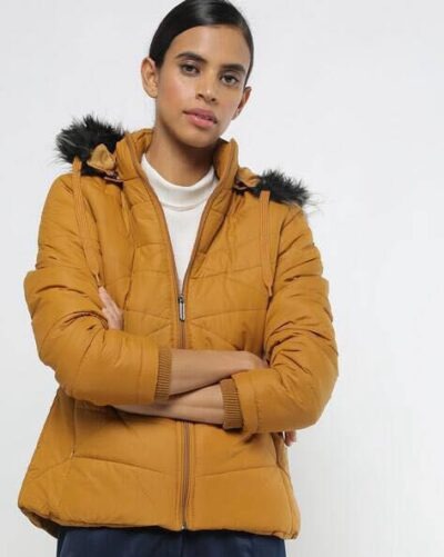 A stylish mustard-yellow padded winter jacket
