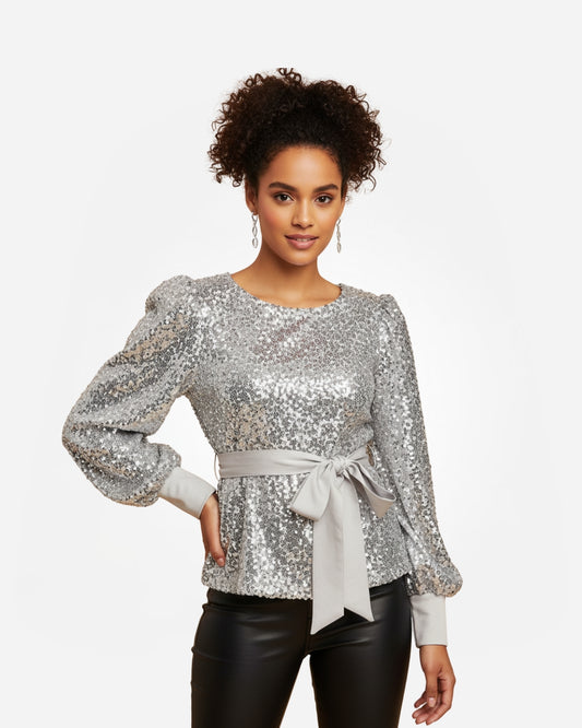 Sequin evening blouse with belt